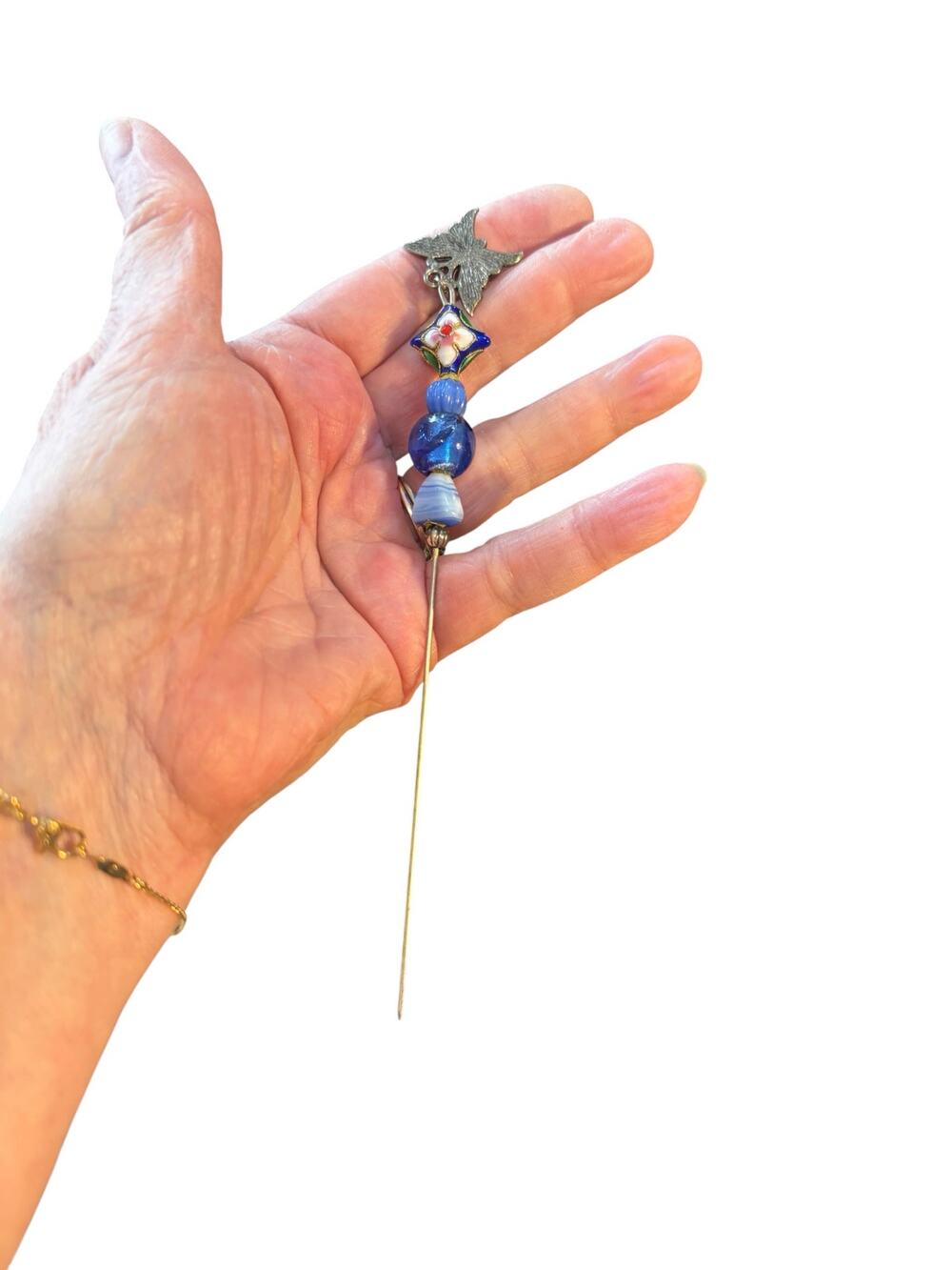 Artisan Vintage Assemblage Hat/Stick Pin Blue Glass Enamel Floral Pewter Top